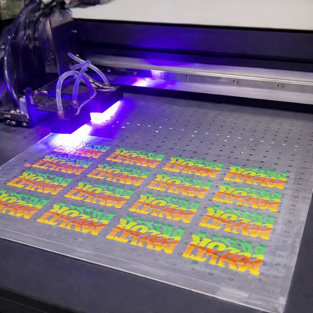 Crystal label printing process step showing a digital crystal label being applied to a cup
