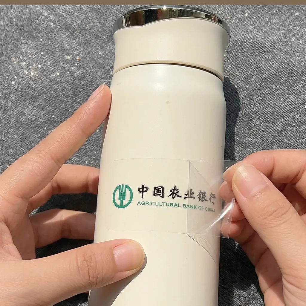 crystal label applied on insulated tumbler with durable waterproof and scratch resistant surface