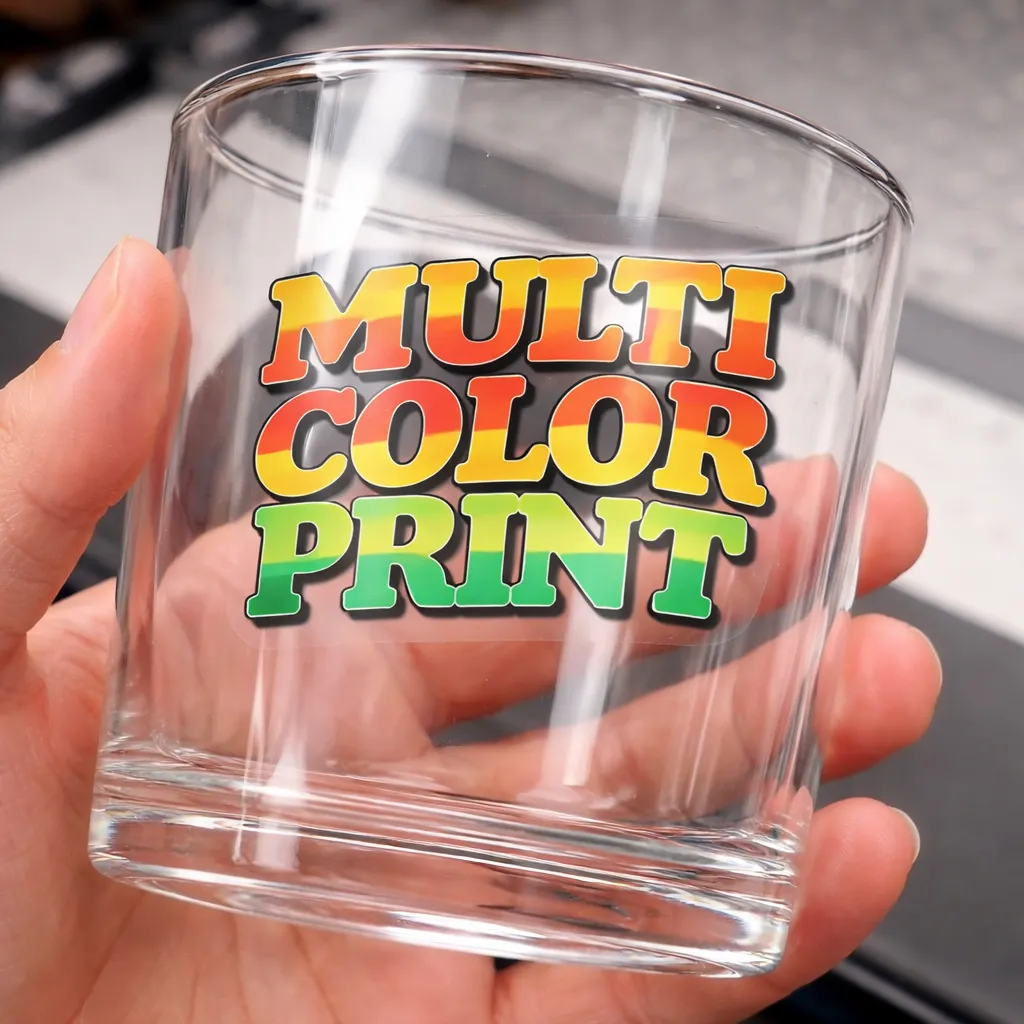 crystal label on transparent glass cup showing high clarity and seamless transfer effect