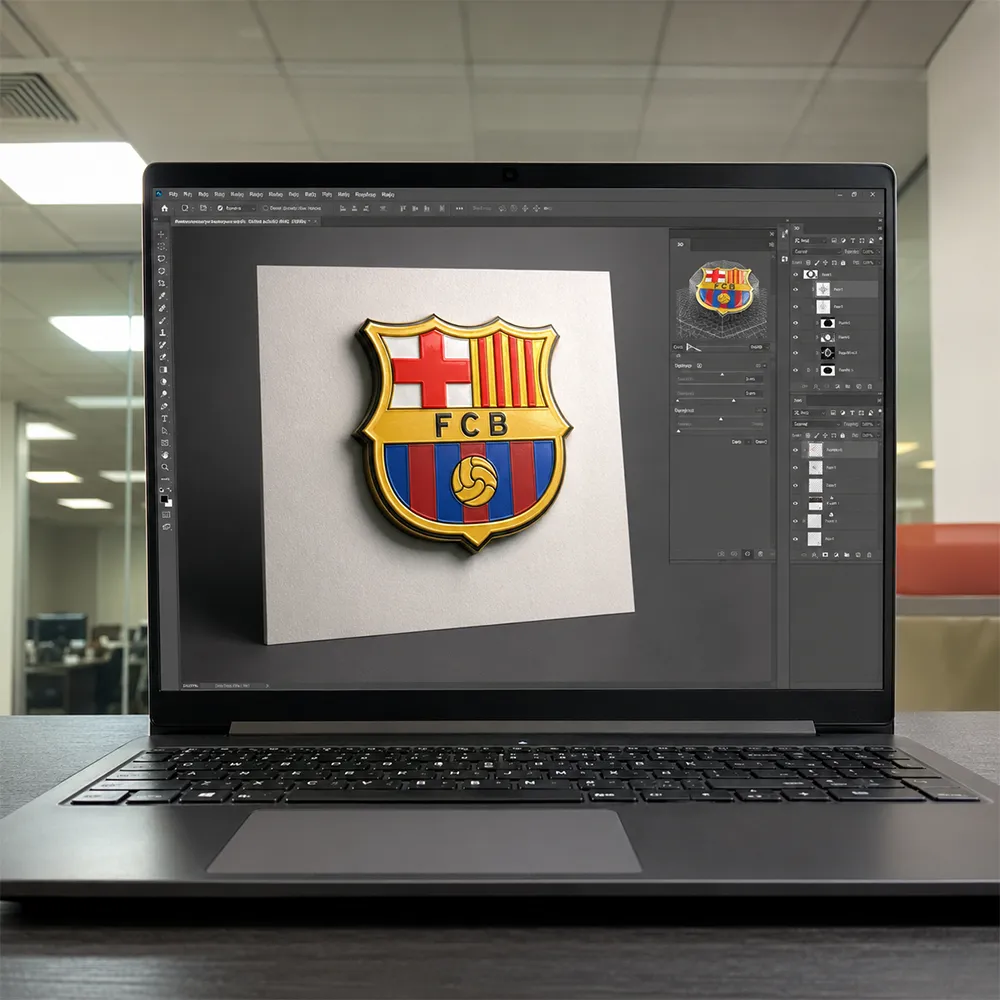 3D logo design shown on a computer screen for raised label printing
