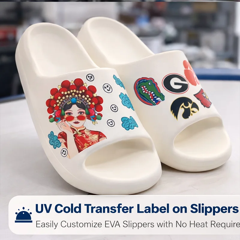 UV DTF cold transfer label applied on EVA slippers custom printing no heat transfer