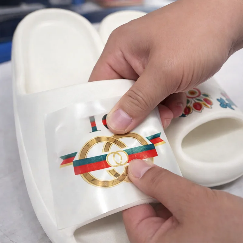 UV DTF cold transfer label applied on EVA slippers printing process, no heat required