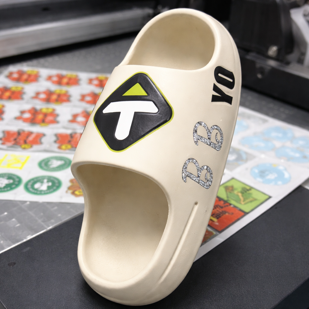 custom EVA slippers printing with UV DTF cold transfer labels high adhesion and durability