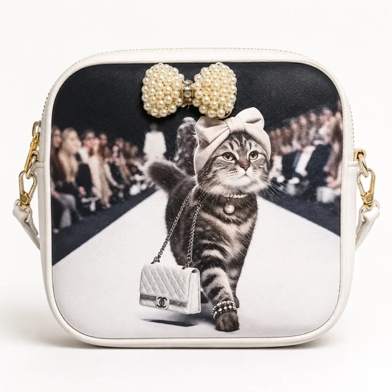 Leather bag logo printing with UV printed cat design