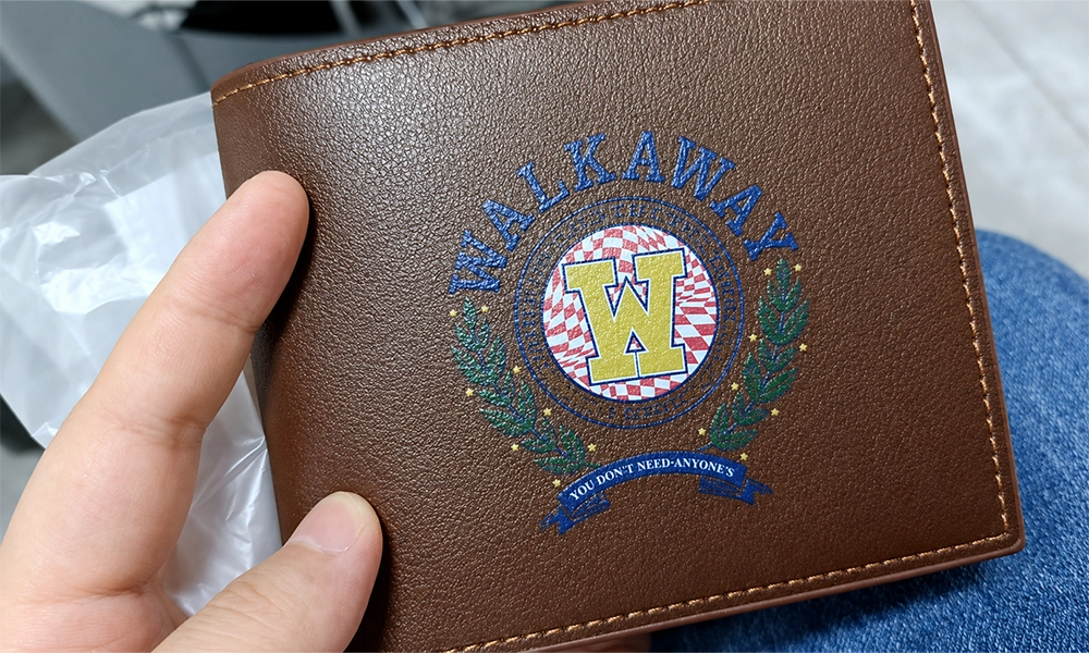UV printing on leather wallet with colorful emblem design