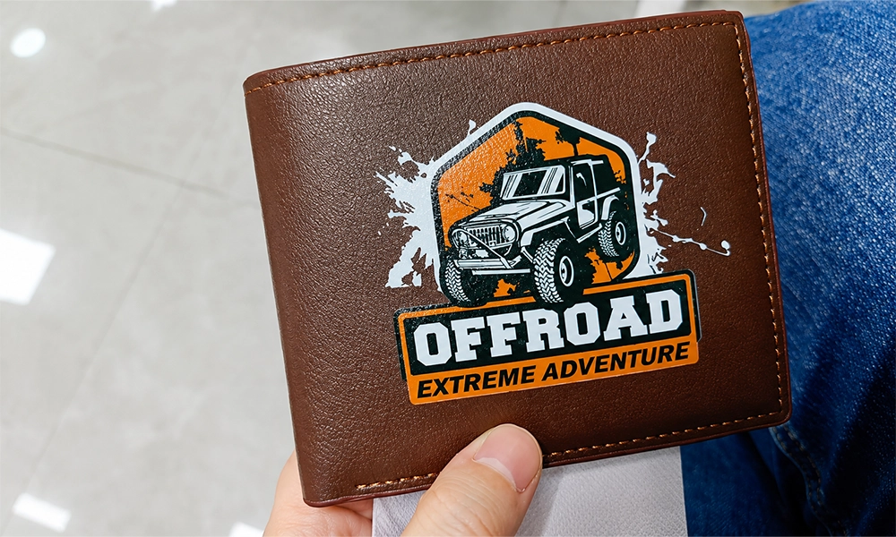 UV printing on leather wallet with custom off-road logo