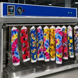 Colorful custom socks drying in an oven after digital printing