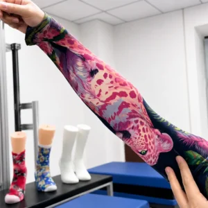 Man displaying a custom printed cooling arm sleeve beside a sock printing machine