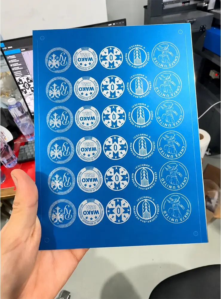UV printer for metal logo stickers and nameplate samples