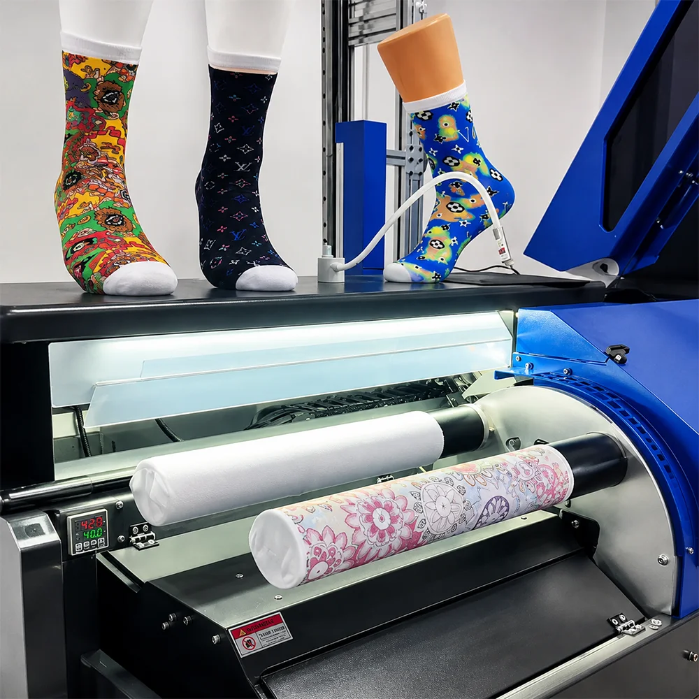 360 digital sock printer printing cotton and polyester socks during the custom sock production process
