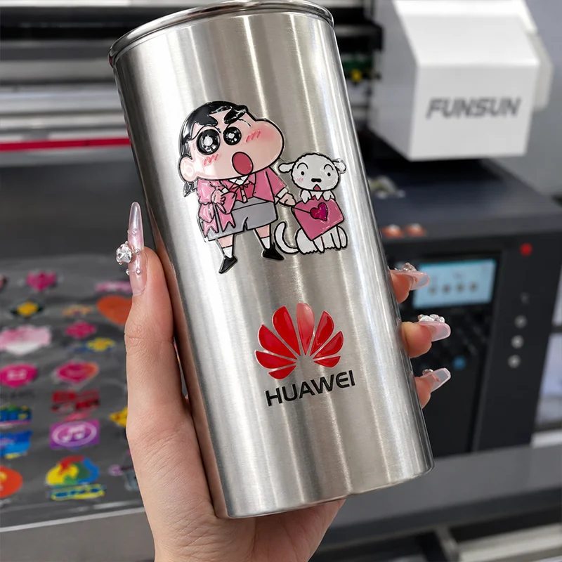 A3 UV printer printing UV DTF crystal label on tumbler