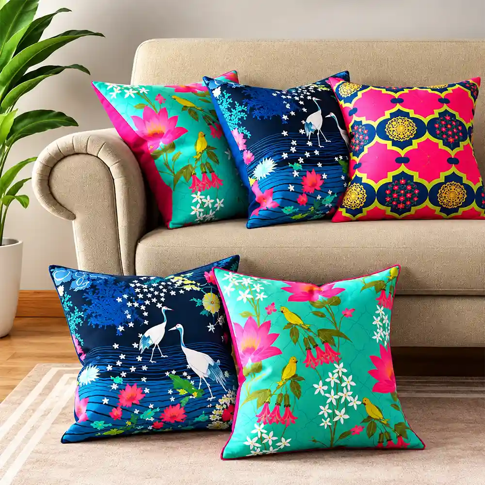 Colorful floral and patterned decorative cushions showcasing sublimation printing for home textiles.