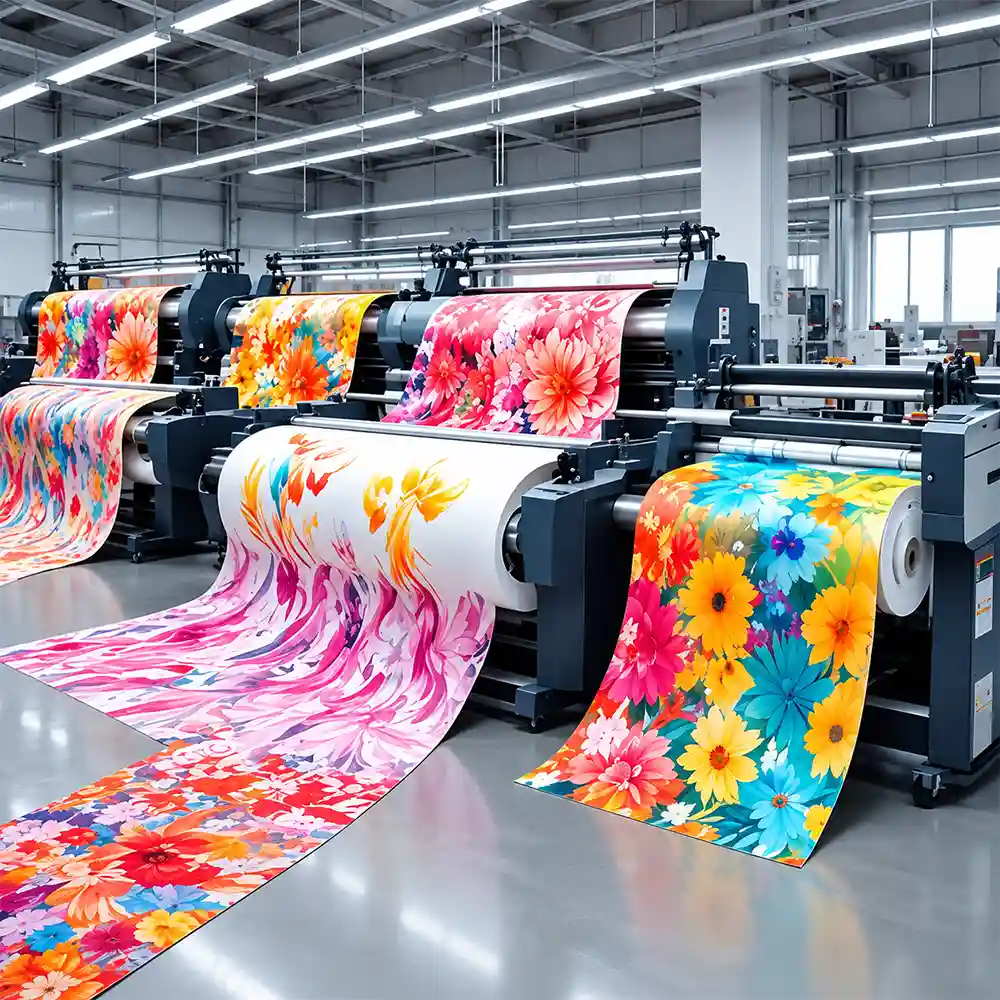 Industrial textile printing machines processing colorful floral polyester fabric rolls for sublimation printing