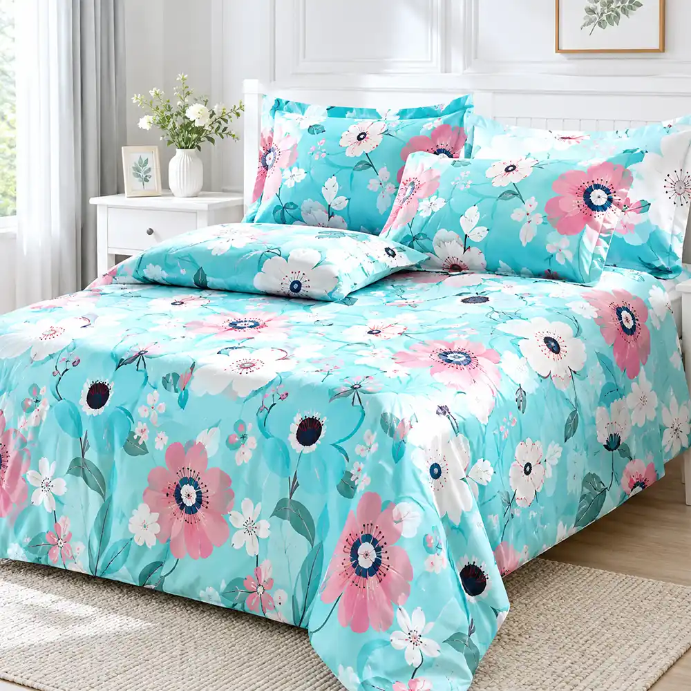 Turquoise floral bedding with colorful sublimation-printed patterns for home textile applications.