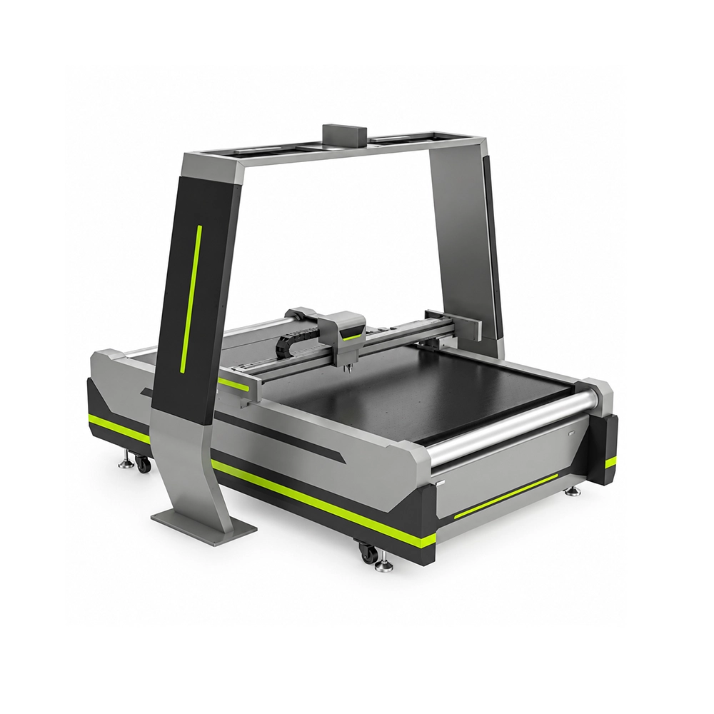 SE-10 oscillating knife cutting machine with overhead panoramic camera frame, flat cutting bed and front feeding roller