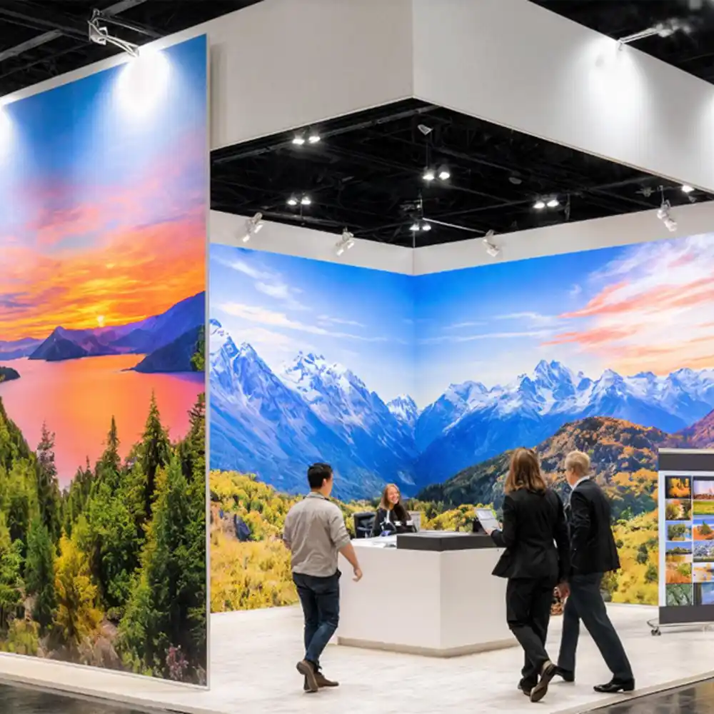 Sublimation printed fabric exhibition backdrop for soft signage and trade show displays.